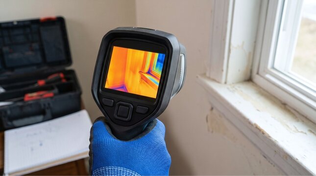 Close-up of a worker in blue gloves holding an infrared thermal camera scanning an old window for energy leaks.