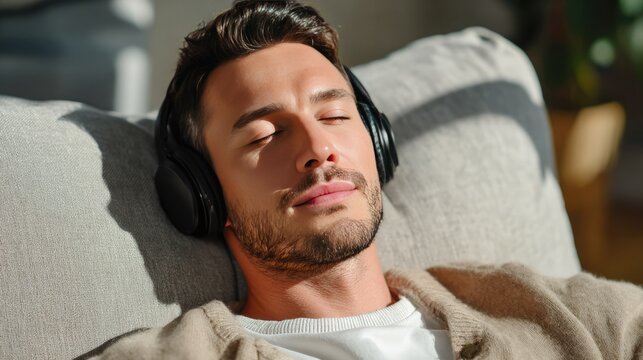 Serene Soundscape: A man, eyes closed in blissful tranquility, reclines on a plush sofa, enveloped in the immersive embrace of headphones.
