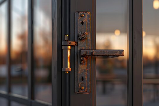 Close-up of a vintage brass door lock with intricate engravings