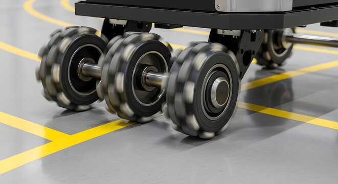 A close-up view of large industrial wheels on a black cart sitting on a gray floor with yellow lines