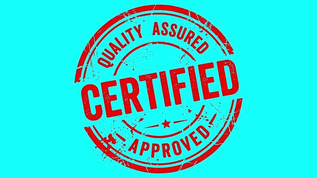 overlay certified red stamp mark on white cyan and green screen