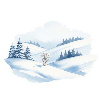Watercolor winter landscape with snowy hills and pine trees