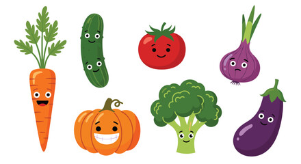 Fototapeta premium Colorful collection of cute cartoon vegetables with friendly smiling faces including carrot, broccoli, pumpkin, and tomato icons.