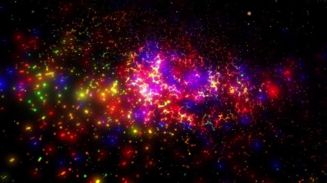 A bright galaxy made up of billions of particles glows neon and moves through space, scattering meteors and plasma.
