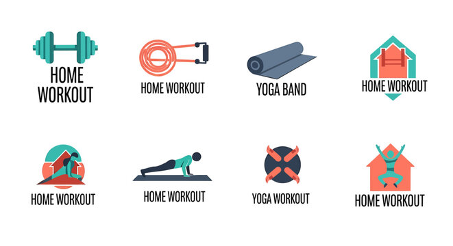 Collection of home workout and fitness activity logo designs.