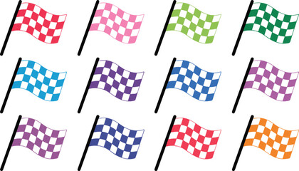 Fototapeta premium Minimal Racing Checkered Flag Line Icon Set with Waving Flags in Structured Grid Layout Collection