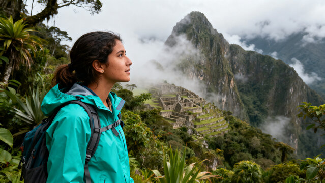 young peruvian hiker admiring machu picchu misty mountain landscape in teal jacket