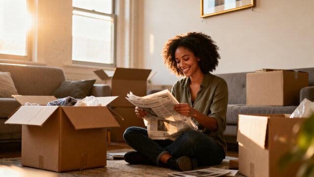 young woman unpacking boxes in cozy sunlit living room during home relocation