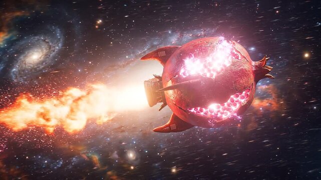 A red, round spaceship blasts through space with a fiery exhaust, heading towards a distant galaxy