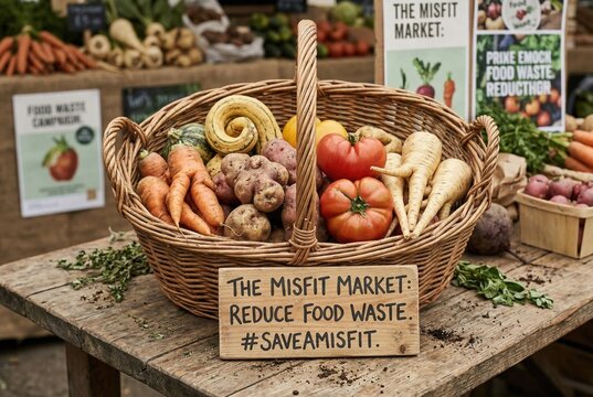 Misshapen carrots and bumpy potatoes in a basket promoting food waste awareness and sustainability