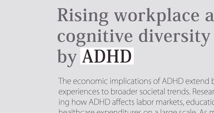 ADHD symptoms news, changing news headlines sequence across media, awareness of ADHD diagnosis, treatment and therapy, loop footage