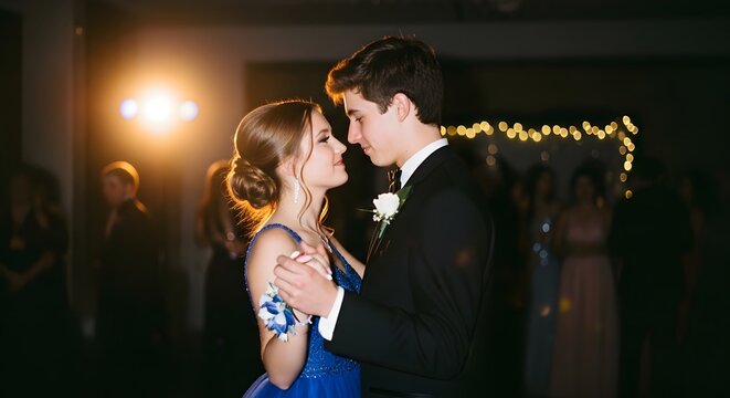 Young couple dancing at a formal event or prom with warm lighting