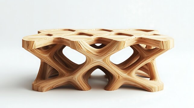 Artistic Timber Table: A meticulously crafted table of striking design, showcasing an intricate network of wooden layers, its organic forms harmonizing with the surrounding space.