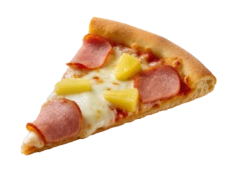 Fototapeten Pizzeria Isolated delicious slice of Hawaiian pizza with ham, juicy pineapple, and melted cheese  © Saoirse