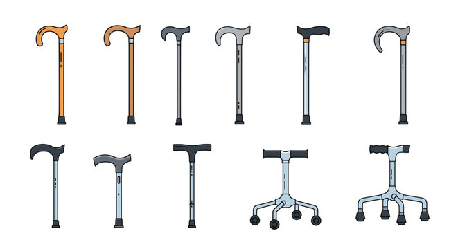 Assortment of walking sticks and canes featuring different handle designs and support bases for elderly and medical assistance.