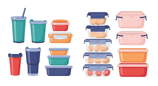 Assortment of reusable food storage containers and plastic cups in various colors and sizes for meal prep and organization.