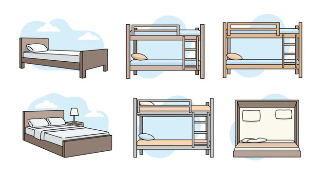 Collection of different bed designs featuring single frames, classic bunk beds with ladders, and space-saving wall bed options.