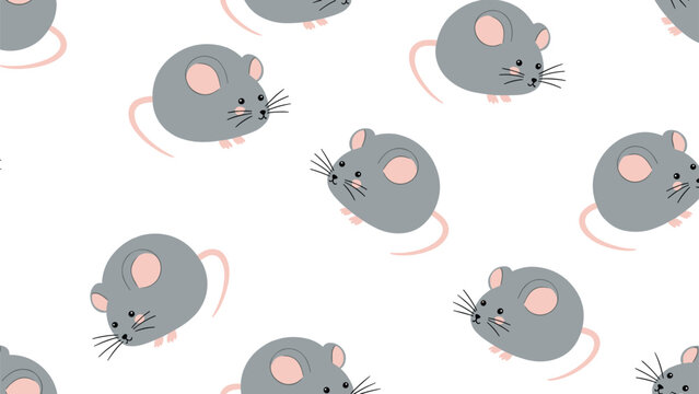 Cute seamless pattern features small gray mice with pink ears and long tails scattered across a clean white background.
