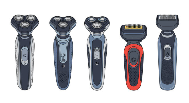 Selection of electric men's grooming tools including rotary shavers and foil trimmers in different color schemes.