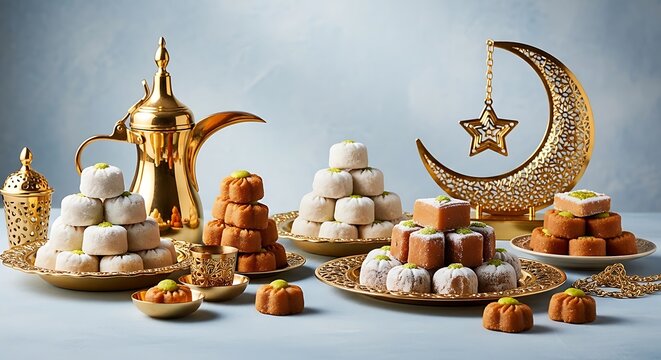 Eid al adha celebration luxurious arabic sweets golden coffee pot and crescent moon decor for festive occasion