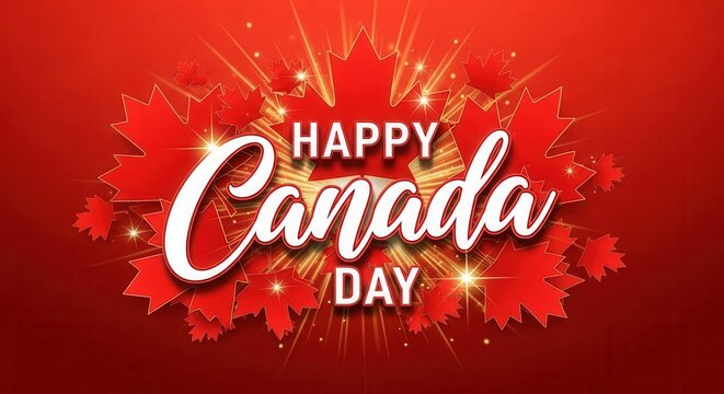 Happy canada day celebration with red maple leaf fireworks