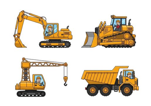 Cartoon construction vehicles set with workers on white background