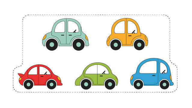 Set of five colorful cartoon toy cars in different colors including red blue green and yellow isolated on a white background for kids play design.