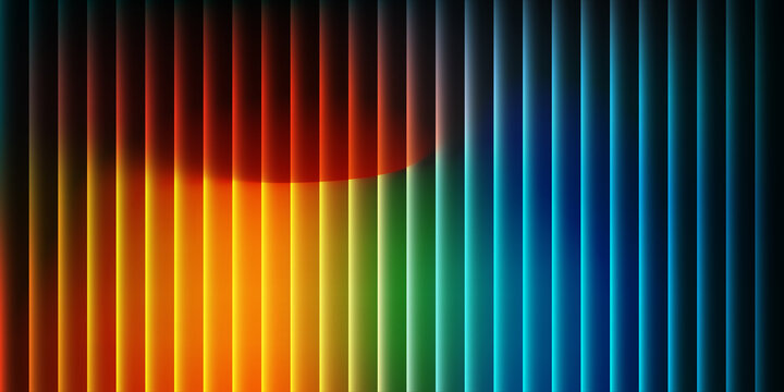 A vibrant abstract backdrop features vertical lines of light transitioning from fiery red and orange through yellow green teal and finally to deep blue hues