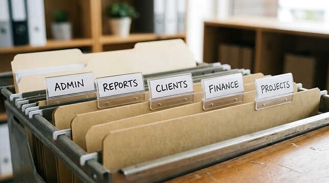 An organized file cabinet containing labeled folders for reports, clients, projects, admin and finance