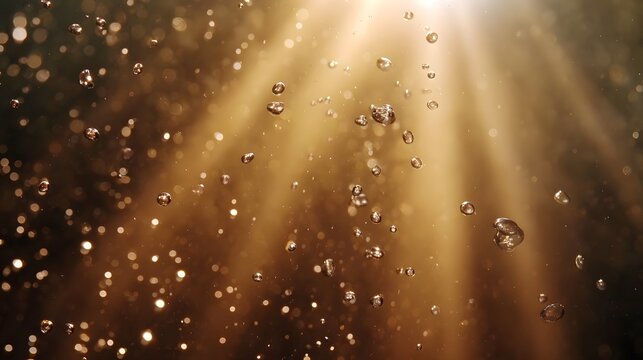 Golden sunbeams streaming through suspended water droplets creating a magical and ethereal background effect