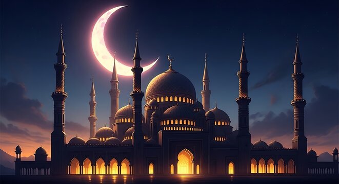 Eid al adha mubarak stunning crescent moon over a mosque celebrating the festival of sacrifice
