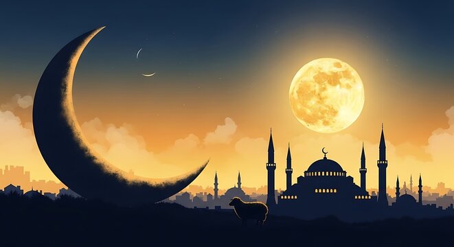 Eid al adha mubarak stunning crescent moon mosque silhouette for a blessed celebration