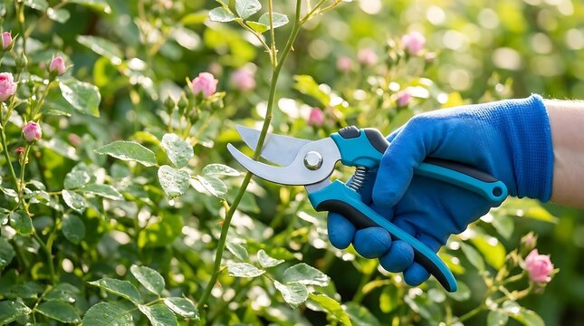 Gardening hand prunes a rose bush, showing close-up focus on hand with blue gloves holding pruner, tending the flowers