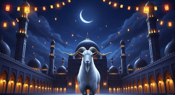 Eid al adha mubarak beautiful goat illustration with crescent moon and mosque for festive celebrations