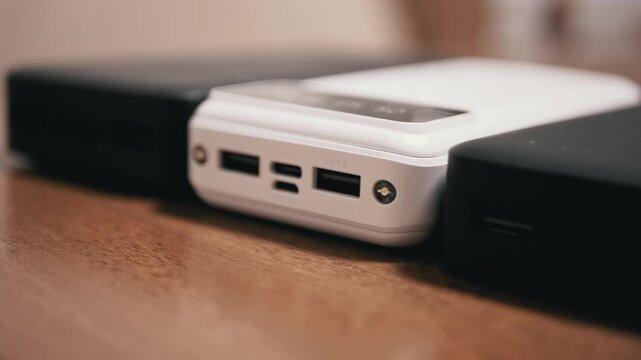 Three portable power banks rest on a wooden table with focus highlighting the white device ports. Concept of mobile energy, device connectivity, and everyday backup power solutions.
