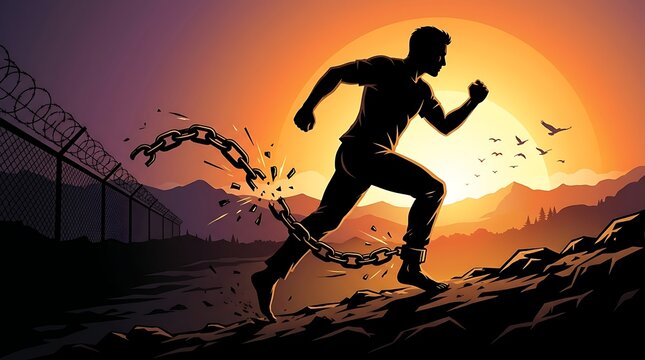 Man running free from broken chain at sunset with mountains and fence