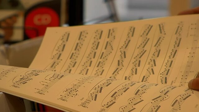 Close-Up of Hand Turning Pages of Complex Sheet Music Score