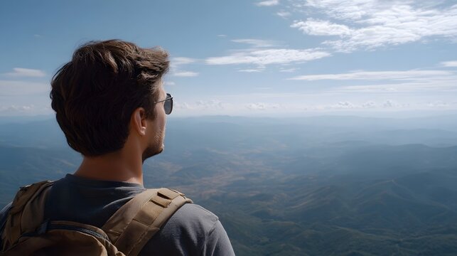 A contemplative traveler stands high above the distant rolling mountain range under a vast clear sky