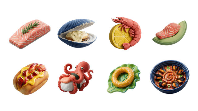 Fresh Seafood and Sushi 3D Icons Collection with Salmon Octopus and Shrimp Isolated on Transparent PNG