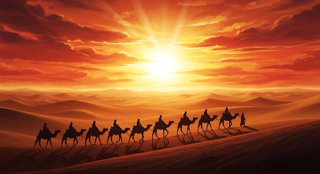 Eid al adha pilgrimage a radiant sunset over a camel caravan in a desert landscape