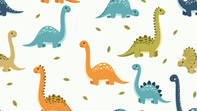 Colorful seamless pattern with different types of long-neck dinosaurs and small leaves on a white background for children's decor.