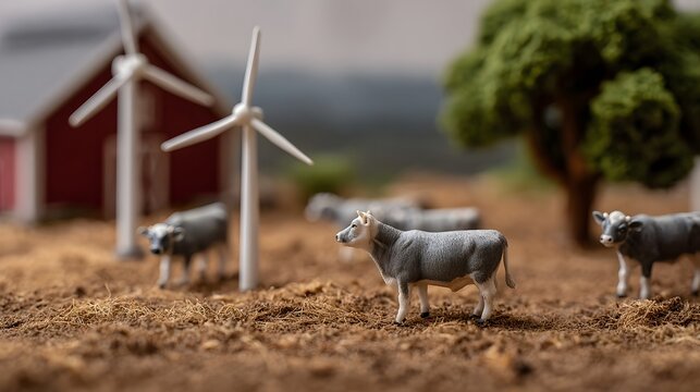 Pastoral scene featuring grazing sheep near a red barn and towering wind turbines set upon dusty rural ground