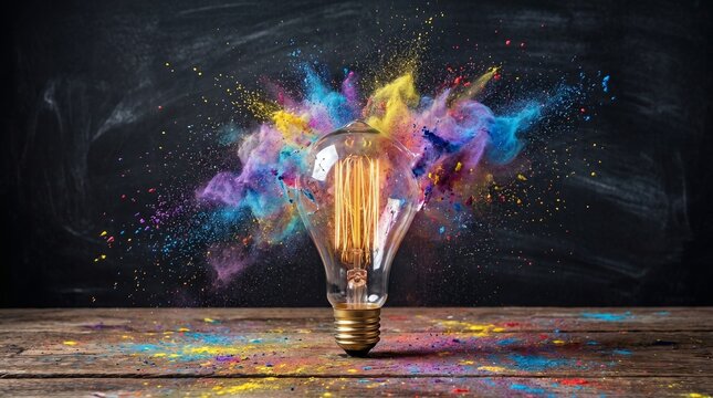 Glowing light bulb with exploding colorful powder on wooden table against blackboard background representing creative ideas and innovation