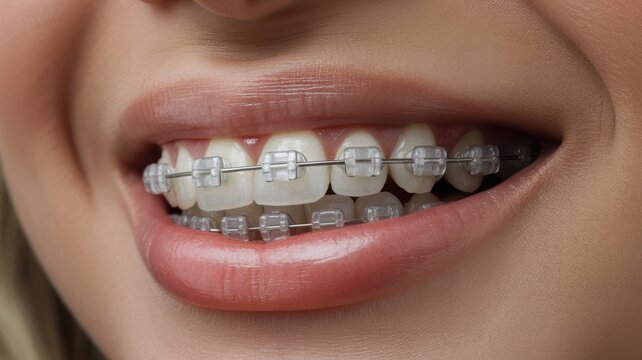 Close Up of Woman Smiling Lips with Braces on Teeth
