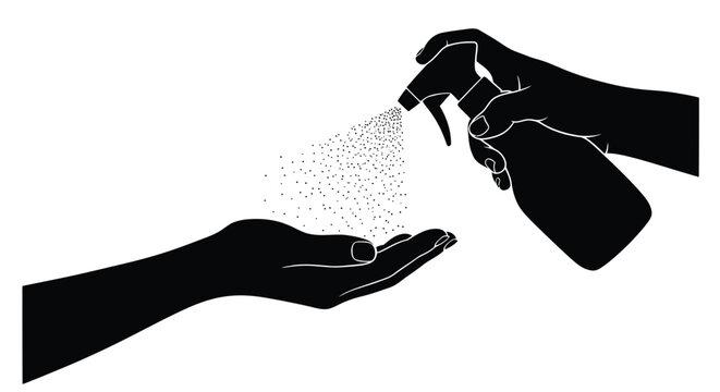 Hands spraying liquid black silhouette on white background