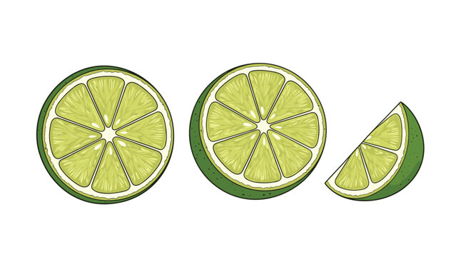 Detailed illustrations of fresh green lime cross-sections and a wedge showing juicy pulp and rind on a clean white background.