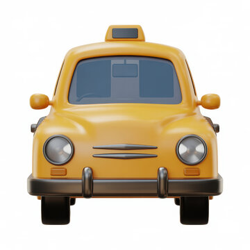 A3d rendered yellow taxi car isolated on a clean white background, front view perspective