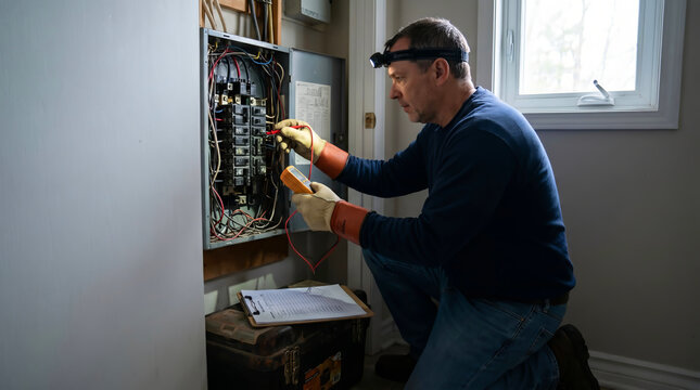 Professional electrician performing electrical maintenance and repair on a residential circuit breaker panel using a multimeter and safety equipment for home wiring inspection and power service.