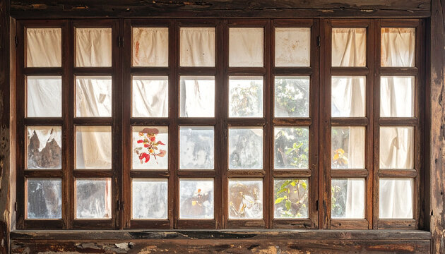 Wooden framed window with multiple panes and translucent curtains indoors