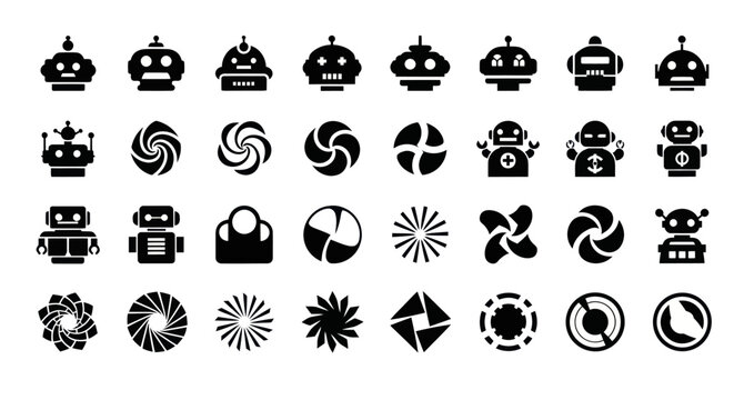 Set of robot icons and abstract graphic elements